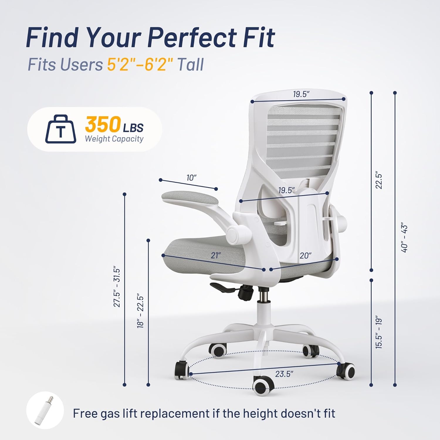 Office Chair for Long Hours & Back Pain Relief – 4" Thick Molded Foam Cushion, Padded Lumbar Support and Flip-up Armrests, Ideal for Office or Study, Light Gray
