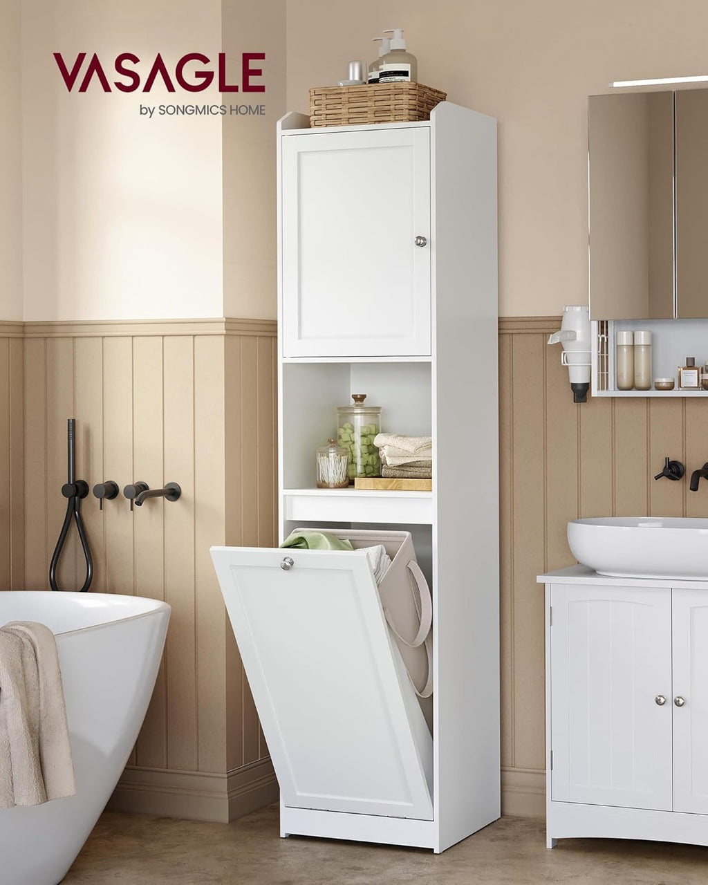 VASAGLE Tall Storage Cabinet, Storage Unit with Removable Laundry Basket, Compartment and Cabinet, for Bathroom, Living Room, 15.8 x 15.8 x 66.9 Inches, Cloud White UBBC761W01