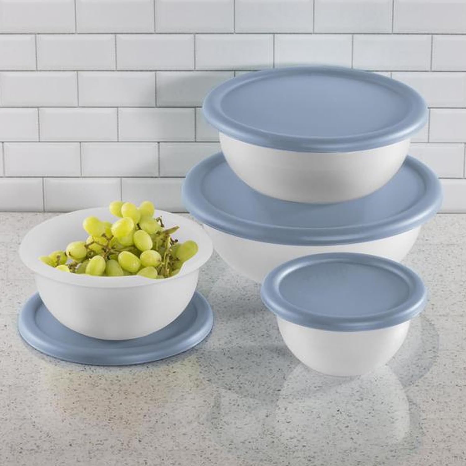 Sterilite Covered Bowl Set, Plastic Nesting Kitchen Mixing Bowls with Pour Spout, Meal Prep Food Storage Containers with Lids, Washed Blue (Set of 12)