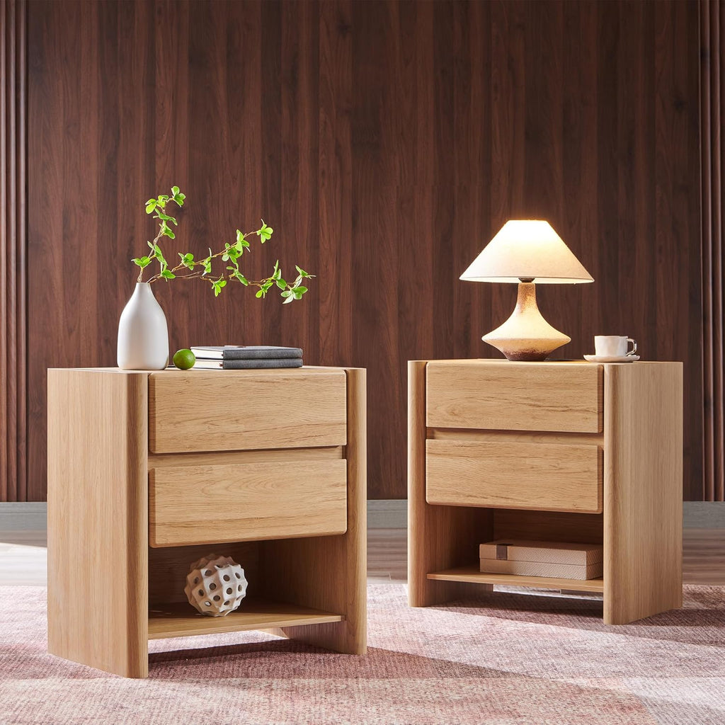 25" Tall Modern Nightstand Set of 2, 23.6" W Nightstand with Charging Station & 2 Storage Drawers & Open Shelf, Wood Night Stand w/Rounded Corner Design for Bedroom (Natural)