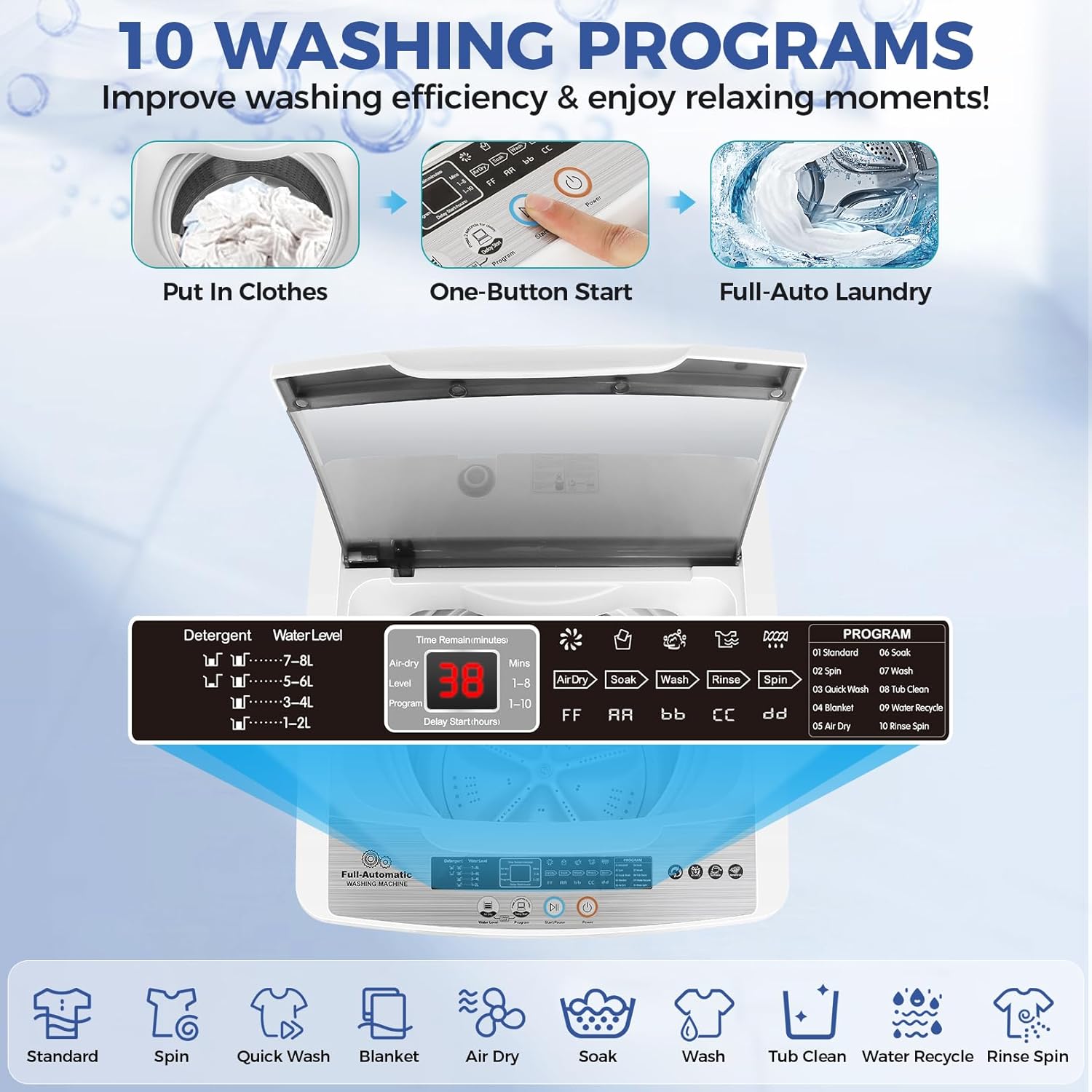 Nictemaw Portable Washing Machine, 20Lbs Capacity Full-Automatic Portable Washer, 2.8Cu.ft Washer and Dryer Combo with Drain Pump, LED Display, 10 Programs & 8 Water Levels for Apartment Dorm RV