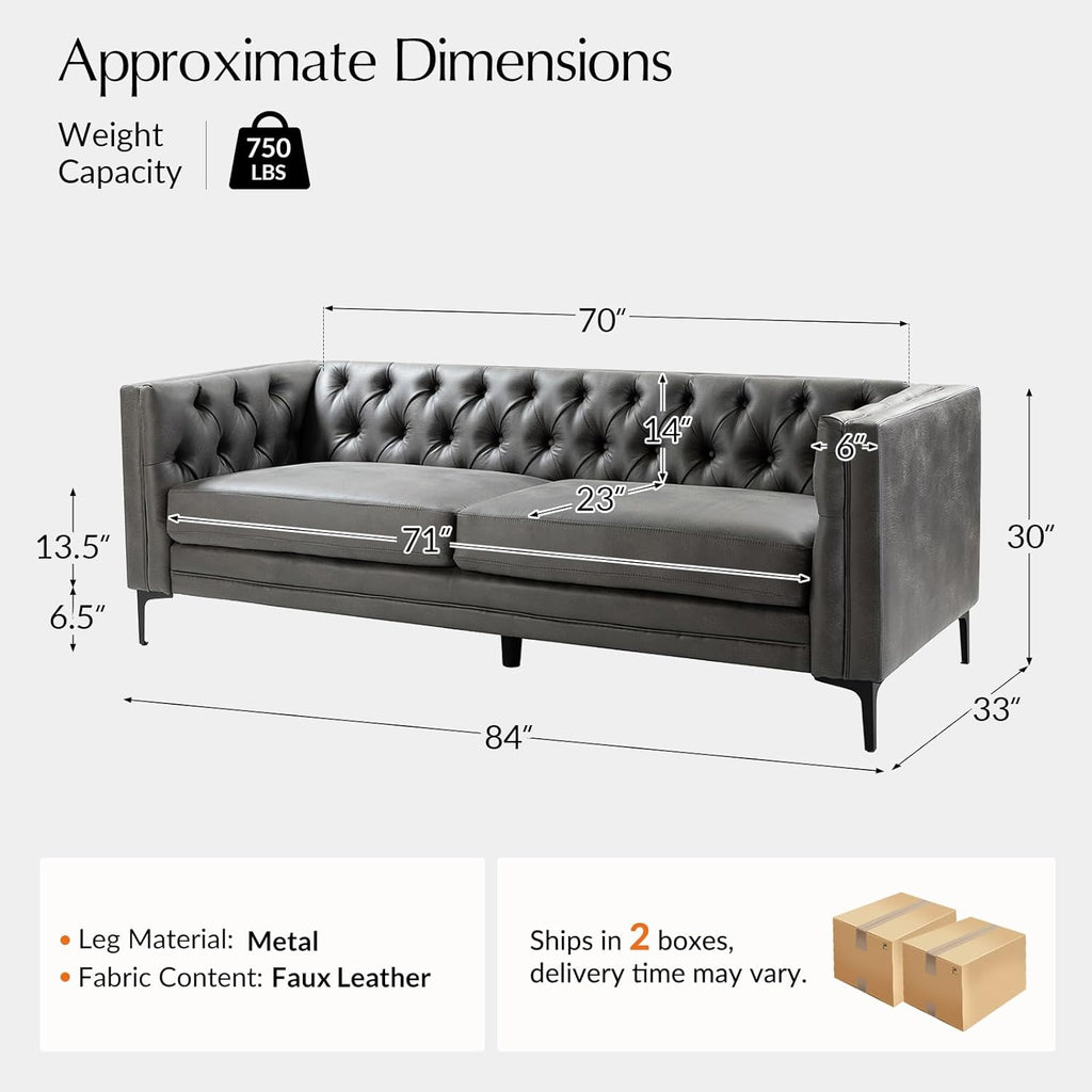 HULALA HOME 84" W Faux Leather Sofa Couch with Metal Legs, Button-Tufted 3-Seater Sofa, Mid Century Modern Contemporary Upholstered Couch for Living Room, Entertainment Area, Apartment,Grey