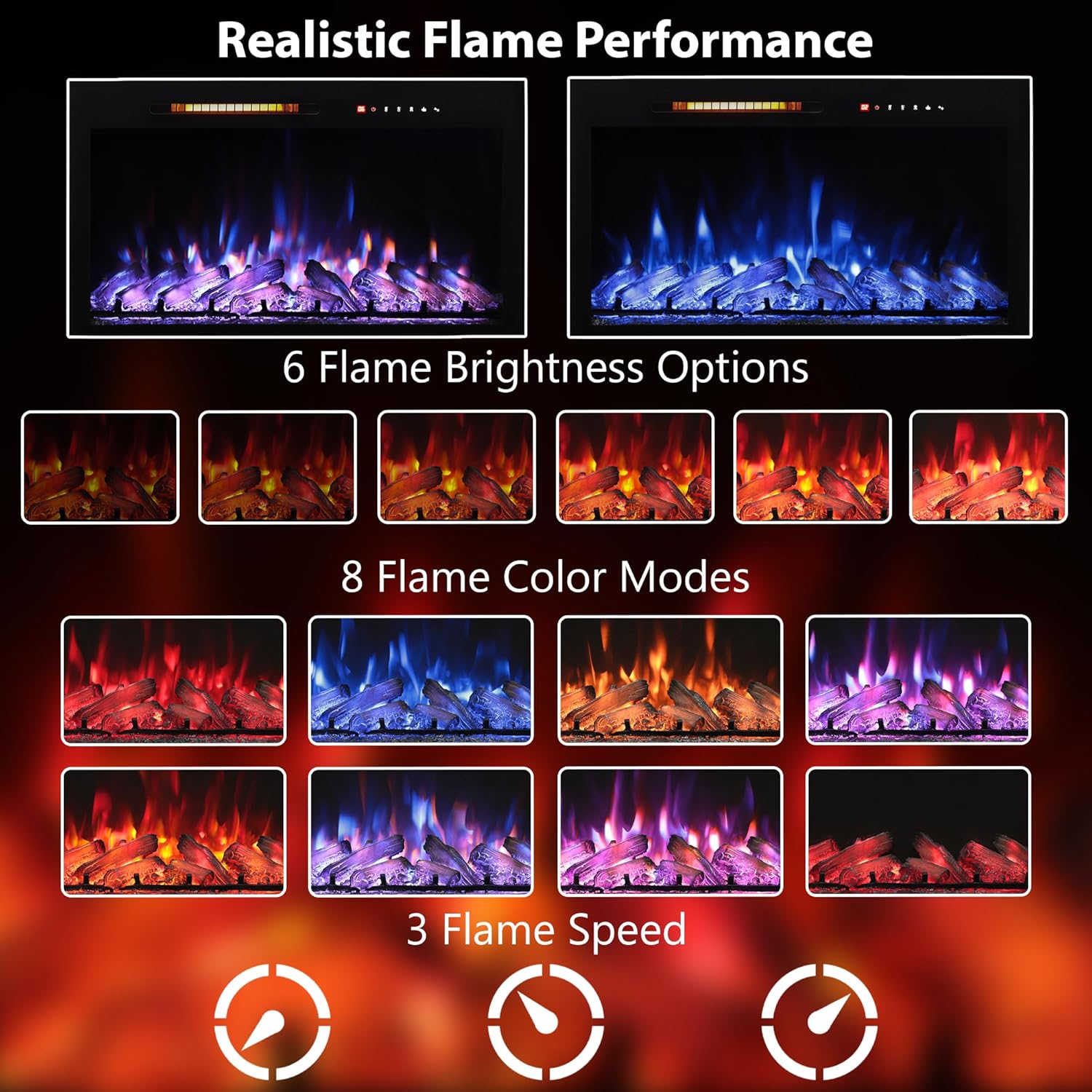 28 Inches Electric Fireplace Insert with Trim Kit, Wall Mounted & Recessed Electric Fireplace Inserts with 8 Flame Colors, Remote Control, 6 Levels Brightness, 9H Timer, Black, 1500W/750W