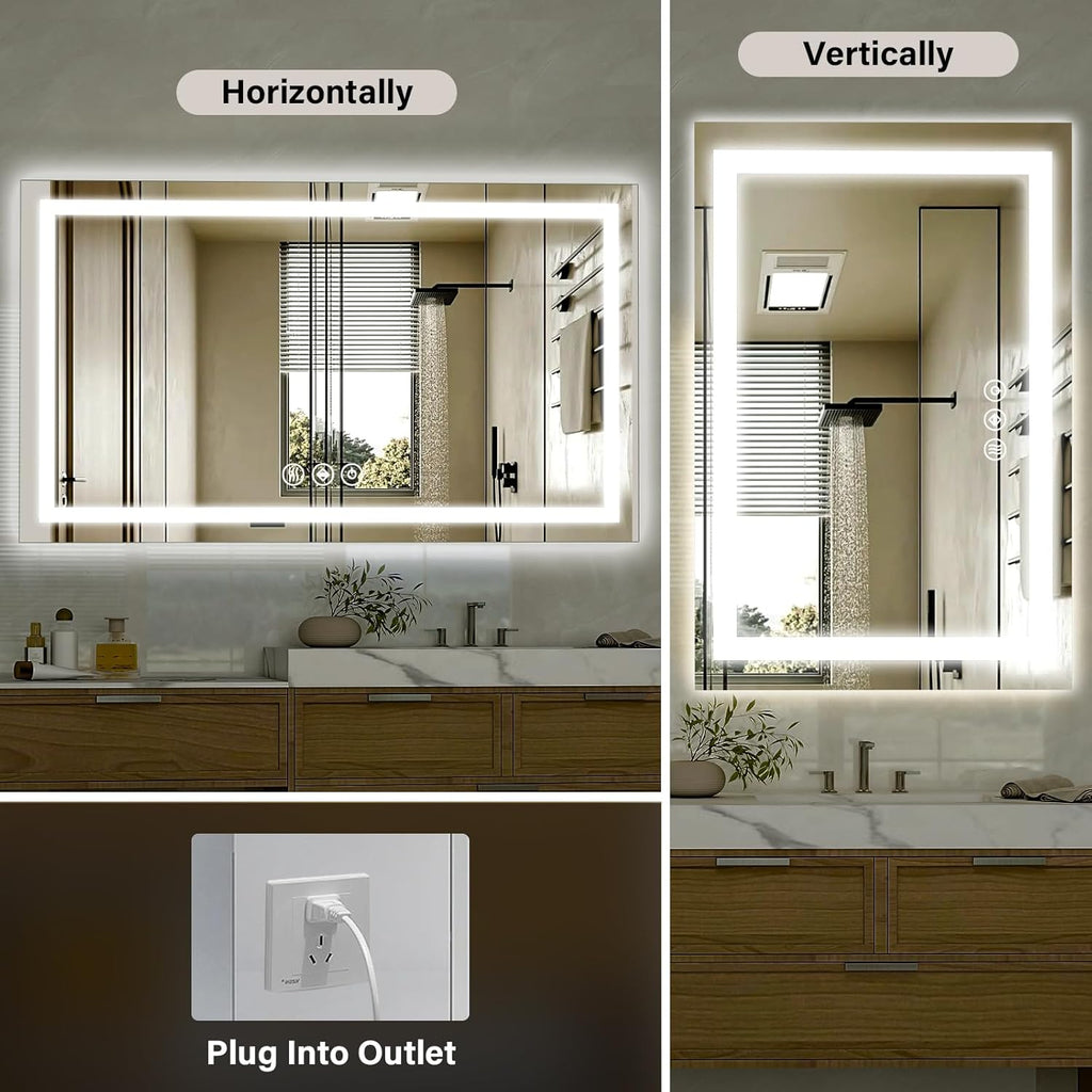40"x 60"LED Bathroom Mirror, Backlit + Front Lit, LED Bathroom Mirror with Lights for Wall, 3 Colors, Anti-Fog, Dimmable Brightness, Tempered Glass