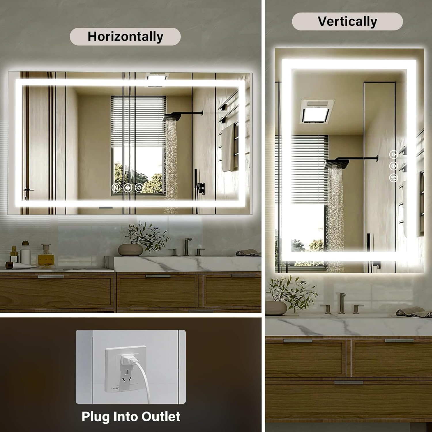 40"x 60"LED Bathroom Mirror, Backlit + Front Lit, LED Bathroom Mirror with Lights for Wall, 3 Colors, Anti-Fog, Dimmable Brightness, Tempered Glass