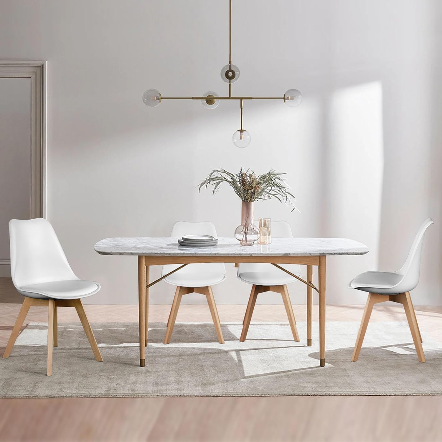 OLIXIS Set of 4 Dining Kitchen Mid-Century Modern Chairs with Wood Legs and PU Leather Cushion for Living Room Bedroom Outdoor Lounge, White