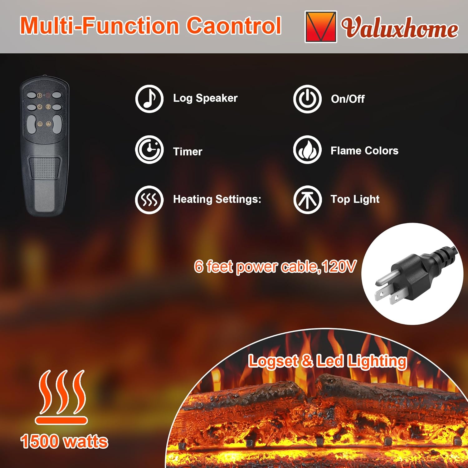 Valuxhome 43” W Electric Fireplace Heater with Crackling Sound, 1-9H Timer, Remote Control, Glass Door and Movable Mesh Screen, 3 Color Settings