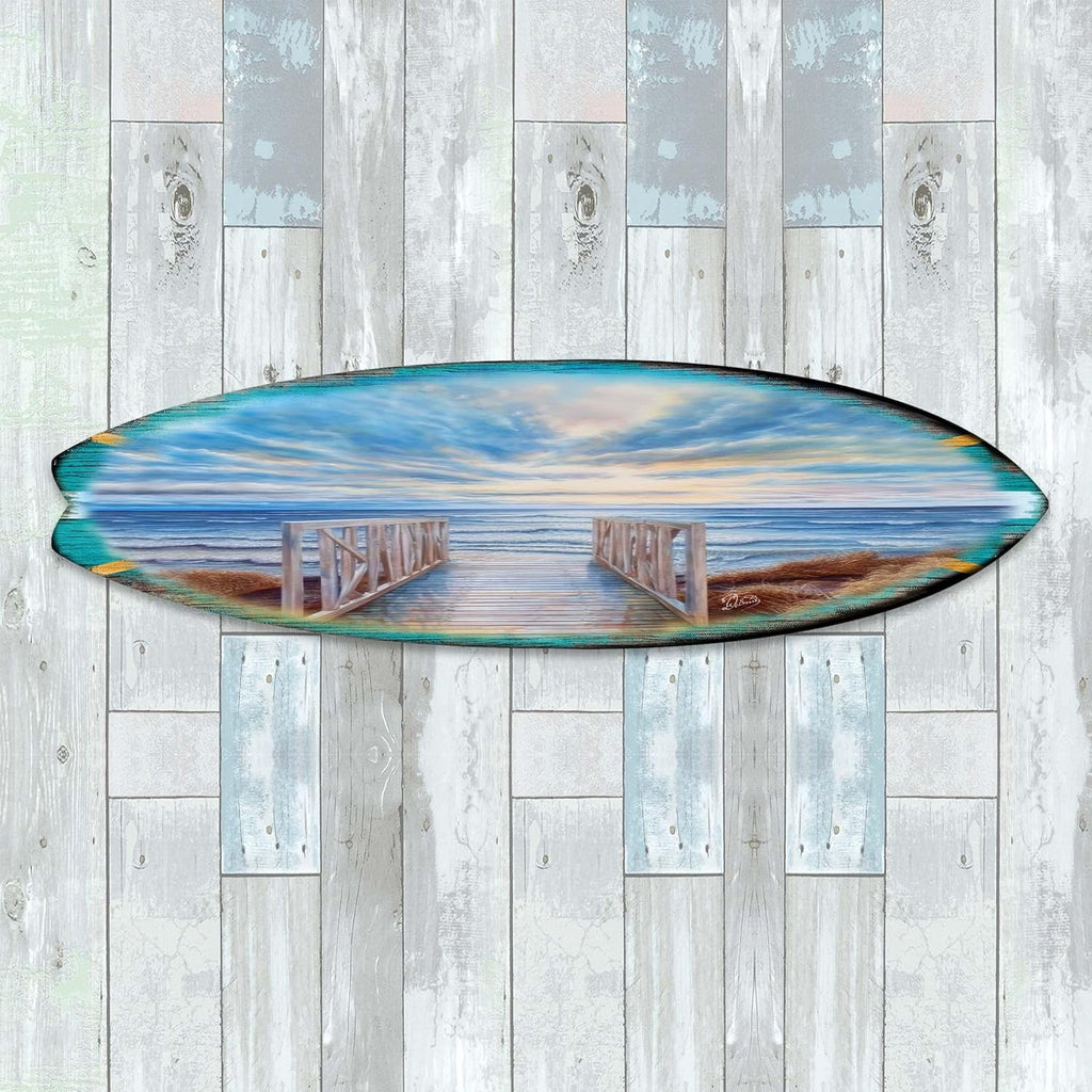 48-inch Wooden Pier Surfboard Wall Art, Handcrafted Coastal Holiday Décor by G. Debrekht