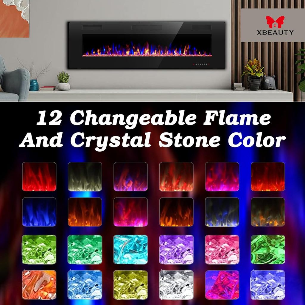 60" Electric Fireplace in-Wall Recessed and Wall Mounted 1500W Fireplace Heater and Linear Fireplace with Timer/Multicolor Flames/Touch Screen/Remote Control