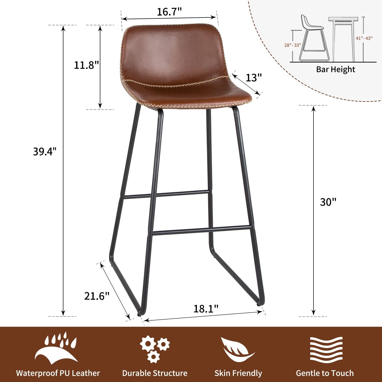 HeuGah Bar Stools, 30" Bar Height Stools Set of 4,Faux Leather Bar Stools with Back, Industrial Bar Height Barstool with Metal Legs Modern Counter Stool for Kitchen Island