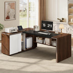 71" L-Shaped Executive Desk with Cabinet Storage, Large Office Computer Desk with Storage Shelves, Under-Desk Bookshelf, CPU Stand, Cable Management, Business Furniture Workstation (Brown)