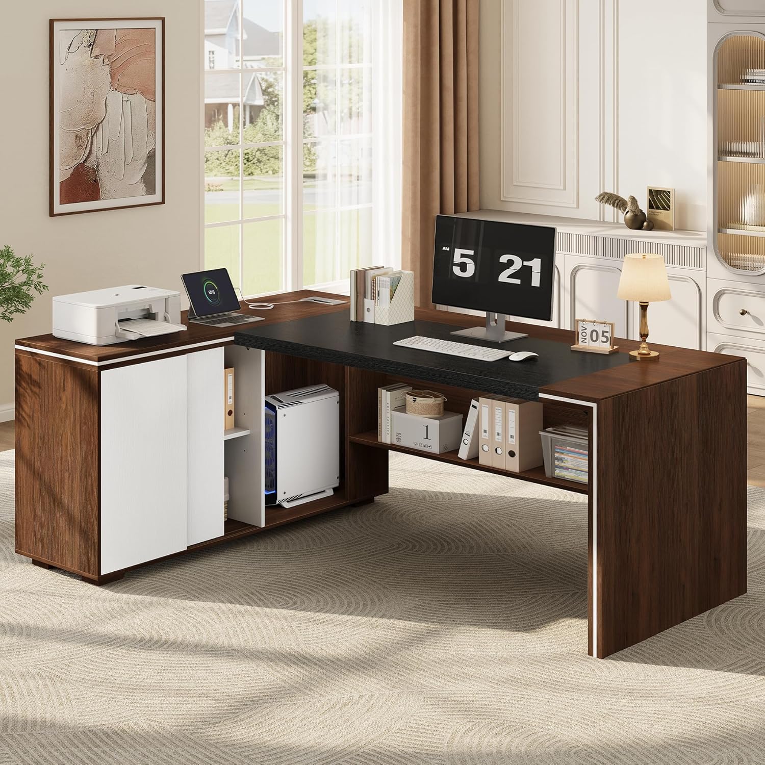 71" L-Shaped Executive Desk with Cabinet Storage, Large Office Computer Desk with Storage Shelves, Under-Desk Bookshelf, CPU Stand, Cable Management, Business Furniture Workstation (Brown)