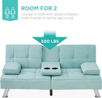 Best Choice Products Linen Modern Folding Futon, Reclining Sofa Bed for Apartment, Dorm w/Removable Armrests, 2 Cupholders - Aqua