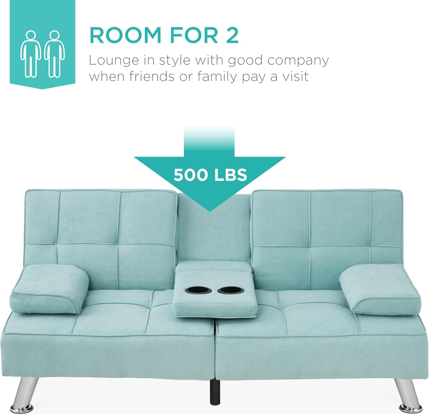 Best Choice Products Linen Modern Folding Futon, Reclining Sofa Bed for Apartment, Dorm w/Removable Armrests, 2 Cupholders - Aqua
