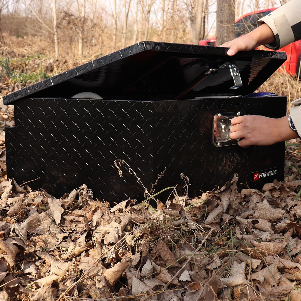 FORWODE Trailer Tongue Box 39 Inch Aluminum Tongue Tool Box Lockable Trailer Tool Chest with Gas Strut, Secure Diamond Plate Truck Tongue Tool Box for Trailer, Truck Bed, Pickup & RV Storage (Black)