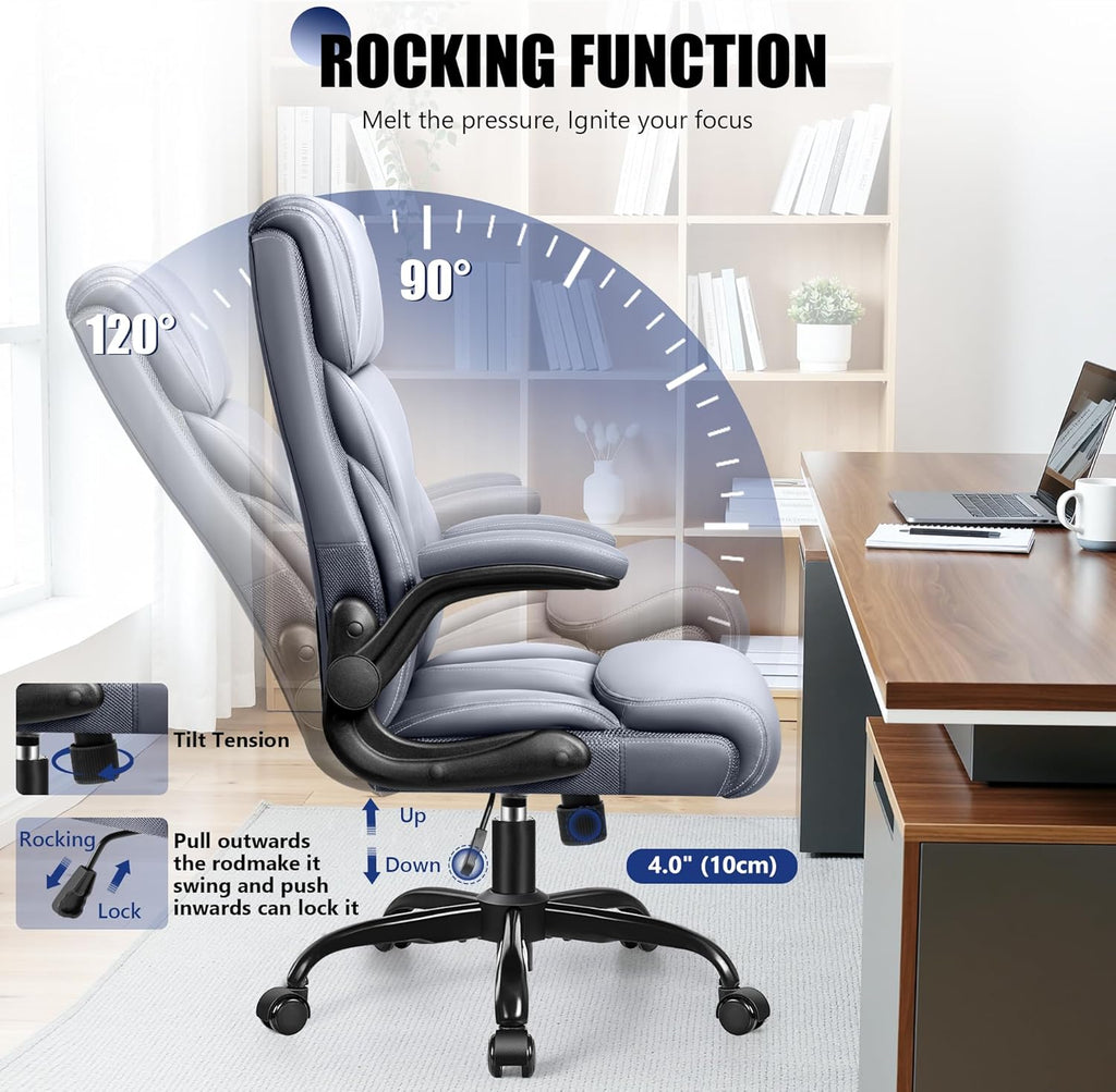 Primy Office Chair, Ergonomic Leather Desk Chair with Flip-up Armrests, Big and Tall High Back Executive Computer & Gaming Chair with Footrest, Comfy Padded, Rocking Function and Lumbar Support(Gray)