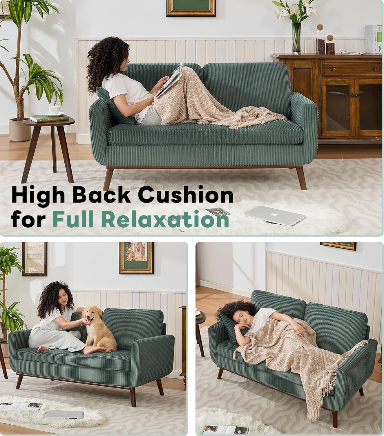 Tbfit 65" Corduroy Love Seat with Spring Cusions, Mid Century Modern Loveseat Sofa for Livingroom & Bedroom, Comfy Upholstered Small Couch