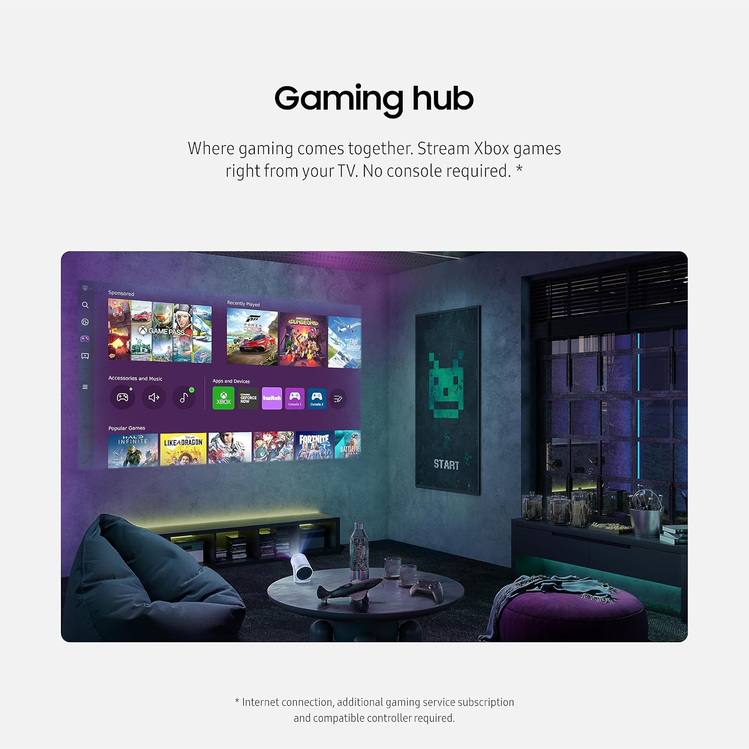 SAMSUNG 30” - 100” The Freestyle with Gaming Hub Smart Portable Projector  FHD  HDR  Big Screen Home Theater Experience  360 Sound  SP-LFF3CLAXZA  2023 Model (Renewed)
