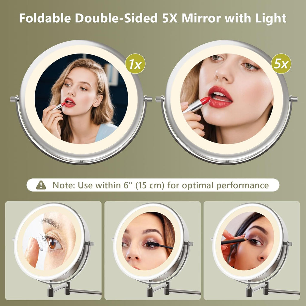 Vanity Desk w/5x Magnifying Mirror, Fluted Makeup Vanity w/Mirror and Lights, Glass Top Vanity, Dressing Table w/Power Outlet & Drawers, Adjustable Shelves for Bedroom, Women & Girls, Natural