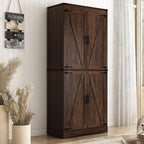 71" Tall Kitchen Pantry,Farmhouse Storage Cabinet with Adjustable Shelves,Load-Bearing Steel Pipe,Farmhouse Pantry Cabinet with 4 Barn Doors, for Kitchen,Dining Room,Living Room(Brown)