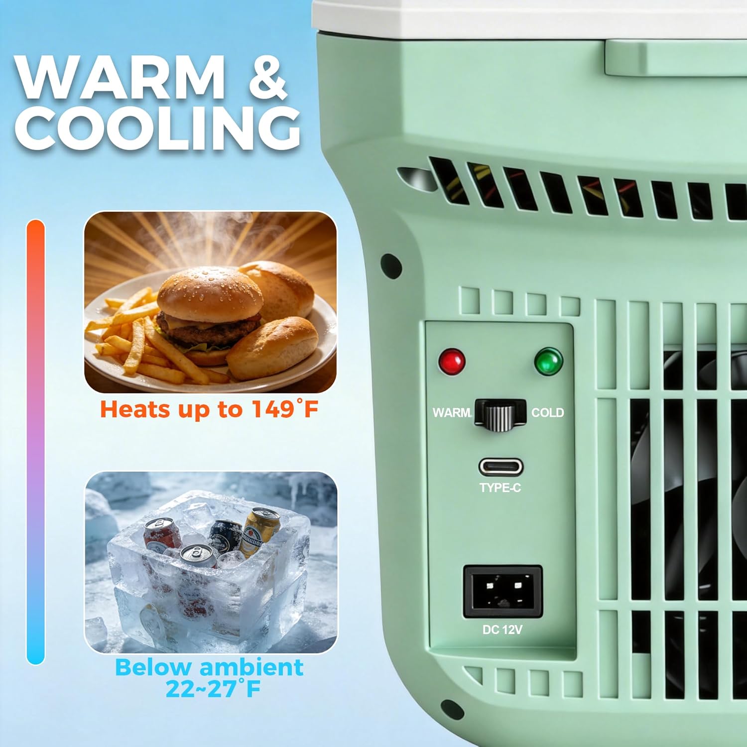 Iceblue Electric Cooler with Type-C, 8 Liter /11 Cans Mini Fridge with Belt, 9V Type-C Thermoelectric Dual-use Car Refrigerator, Car Fridge for Car, Dorm, Travel, Picnic, Gift (Green)