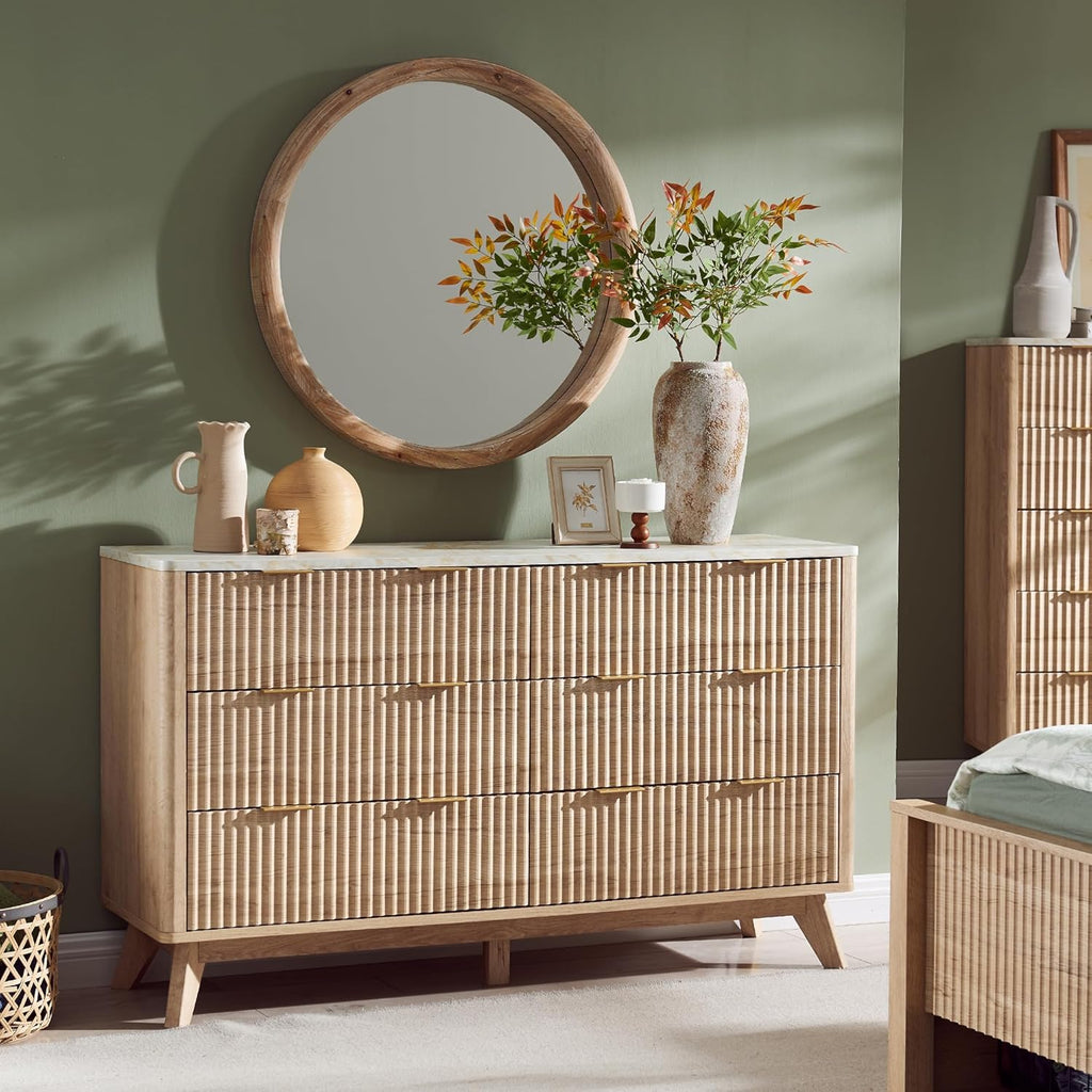 T4TREAM Fluted 6 Drawers Dresser, 54" Wide Modern Chest of Drawers with Faux Marble Top, Curved Profile Design, Dresser TV Stand, Wood Drawer Organizer for Bedroom, Living Room, Hallway, Natural Oak