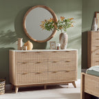 T4TREAM Fluted 6 Drawers Dresser, 54" Wide Modern Chest of Drawers with Faux Marble Top, Curved Profile Design, Dresser TV Stand, Wood Drawer Organizer for Bedroom, Living Room, Hallway, Natural Oak