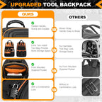 Tool Bag Backpack, 75 Pockets & Loops Heavy Duty Tools Organizer Bags/HVAC Tool Carrier for Eelectrician/Construction Work with Molded Base and Combination Lock, Large, Black and Orange