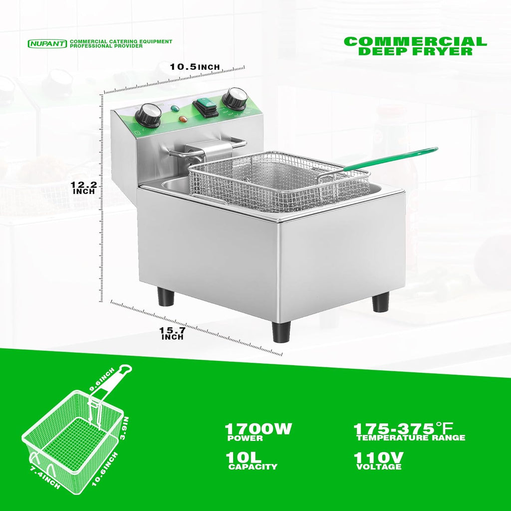 NUPANT Electric Deep Fryer with Timer 10L/10.6QT Commercial Deep Fryer with Basket and Lid, Temp Control, 1700W/110V Stainless Steel Single Oil Fryer Countertop Fryer for Home and Restaurant Use