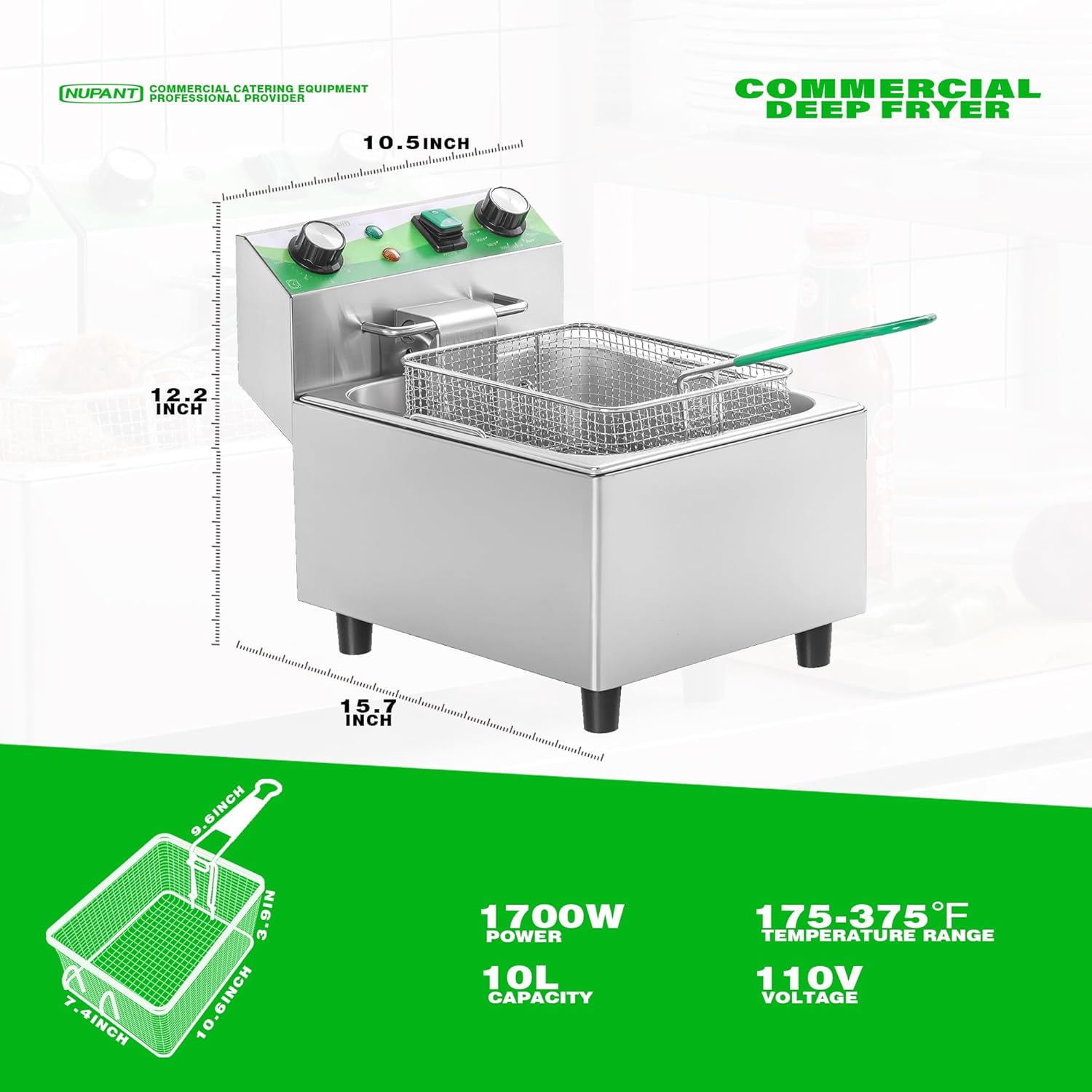 NUPANT Electric Deep Fryer with Timer 10L/10.6QT Commercial Deep Fryer with Basket and Lid, Temp Control, 1700W/110V Stainless Steel Single Oil Fryer Countertop Fryer for Home and Restaurant Use