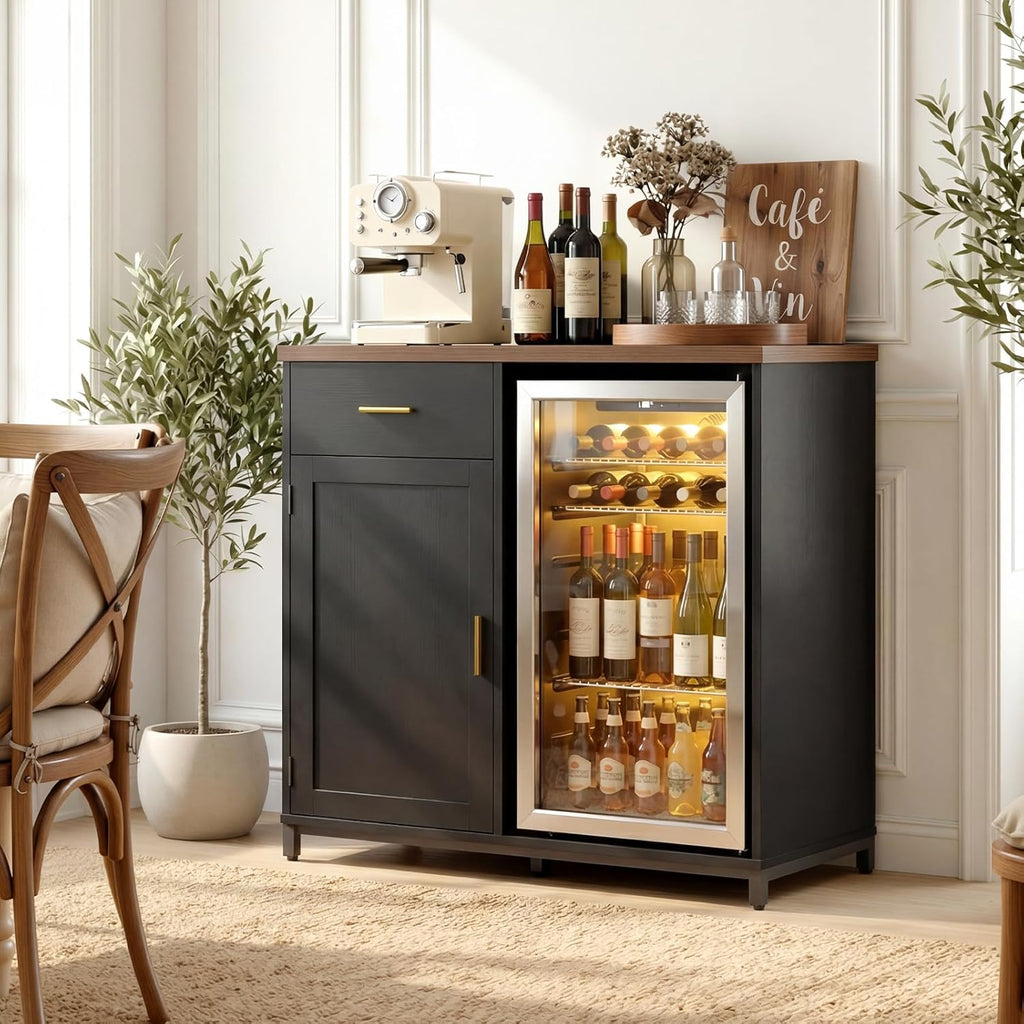 Unikito Coffee Bar Cabinet with Mini Fridge Space, Mini Fridge Cabinet Stand with Power Outlet, Liquor Wine Cabinets with Drawer Storage and Wine Glass Holder, Home Bar for Dining Room, Kitchen, Black