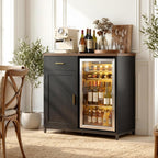 Unikito Coffee Bar Cabinet with Mini Fridge Space, Mini Fridge Cabinet Stand with Power Outlet, Liquor Wine Cabinets with Drawer Storage and Wine Glass Holder, Home Bar for Dining Room, Kitchen, Black