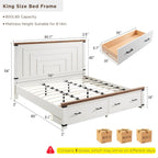 RedLemon Farmhouse King Size Bed Frame w/ 54" Tall Geometric Headboard, Rustic Wood Platform Bed w/ 2 Large Storage Drawers, Wood Slats Support, Noise Free, No Box Spring Needed, Antique White