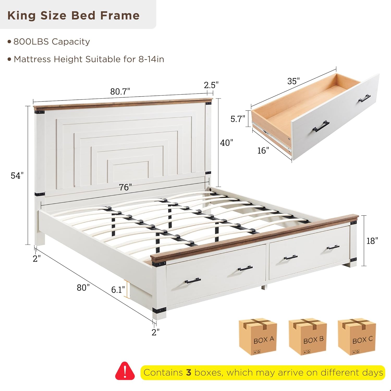 RedLemon Farmhouse King Size Bed Frame w/ 54" Tall Geometric Headboard, Rustic Wood Platform Bed w/ 2 Large Storage Drawers, Wood Slats Support, Noise Free, No Box Spring Needed, Antique White