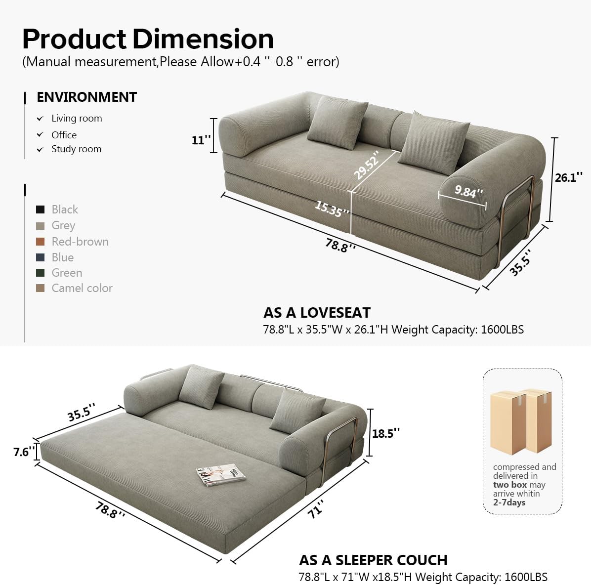 78.8" Modular Sofa Bed - 4-in-1 Convertible Design with Corduroy Fabric and High Density Sponge, Removable Cover and Fixed Frame