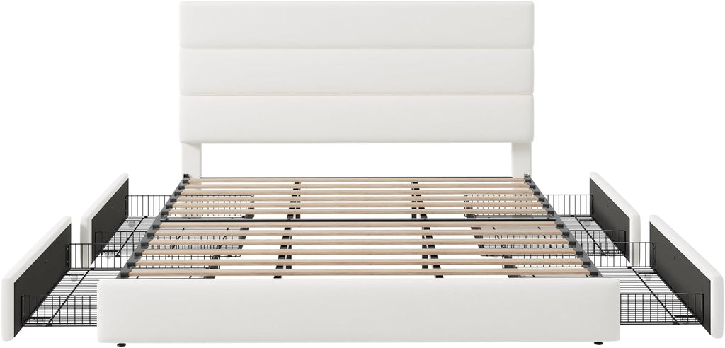 Allewie Modern King Size Platform Bed Frame with 4 Storage Drawers and Velvet Upholstered Headboard, Wooden Slats Support, Upholstered Mattress Foundation/No Box Spring Needed/Easy Assembly, White