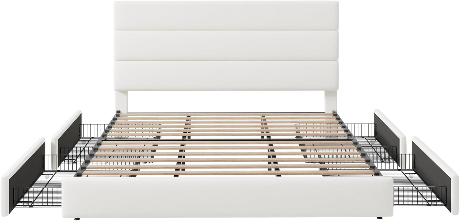 Allewie Modern King Size Platform Bed Frame with 4 Storage Drawers and Velvet Upholstered Headboard, Wooden Slats Support, Upholstered Mattress Foundation/No Box Spring Needed/Easy Assembly, White