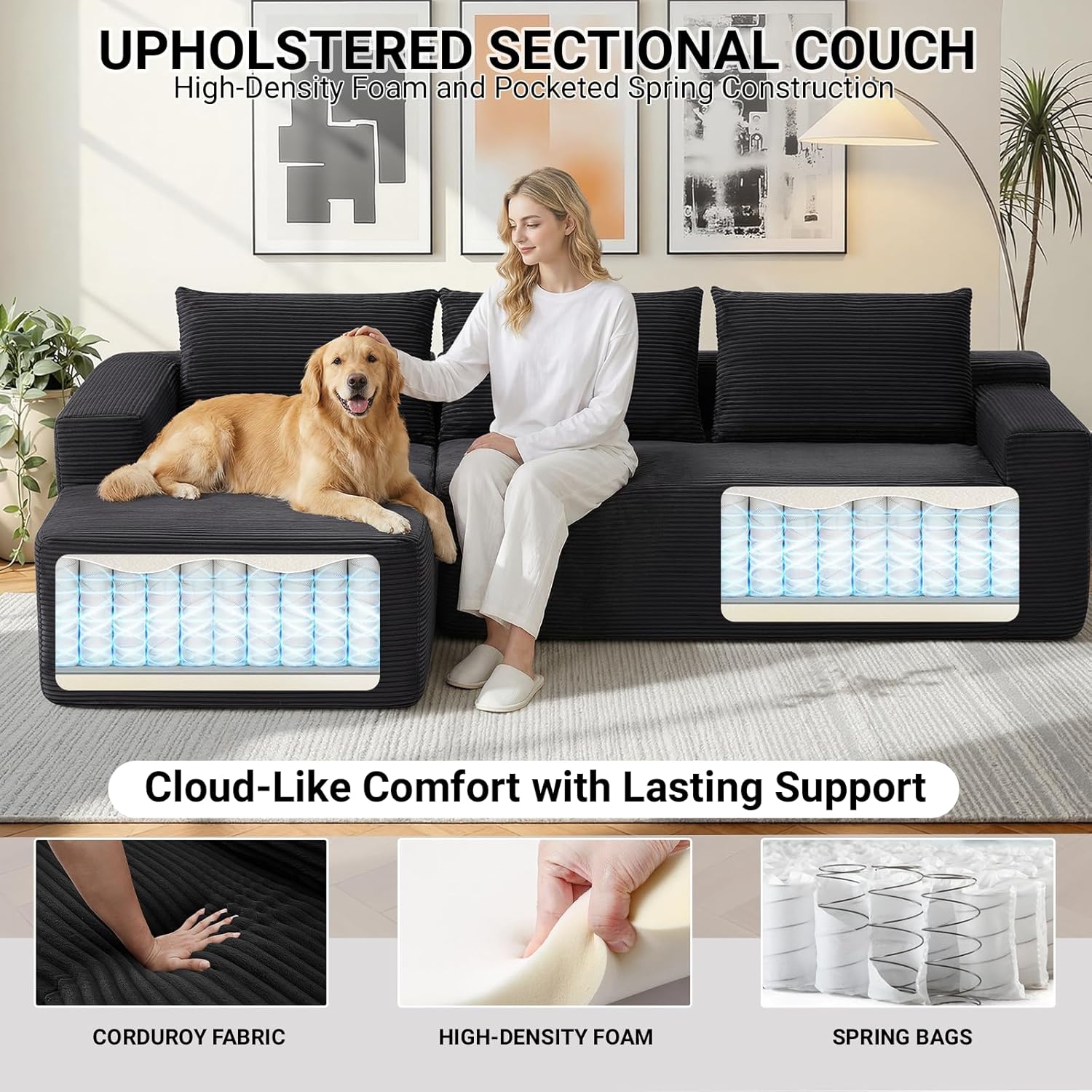 97" Cloud Sectional Couch, Modular Boneless Couch with L-Shape Chaise, Modern Sectional Sofa with Deep Seat Corduroy Corner Foam Cloud Sofas for Living Room,No Assembly Required (Black, Left Chaise)