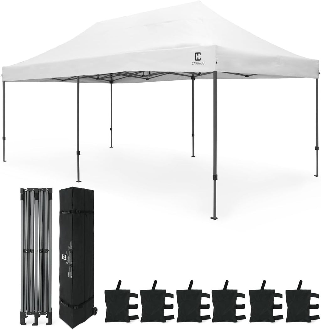 CAPHAUS 10ft x 20ft Commercial Grad Pop Up Outdoor Canopy Easy Up Tent, Heavy-Duty, Instant Folding Shelter with Wheeled Carry Bag and Weight Bags, Portable for Camping, Patio, Parties, White