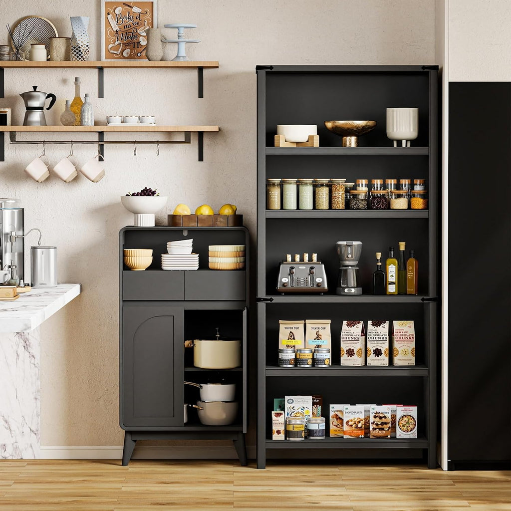 Bathroom Storage Cabinet, Tall Kitchen Storage Cabinet with Drawers and Shelves, Corner Coffee Bar Table Freestanding Sideboard for Living Room, Entryway, Black