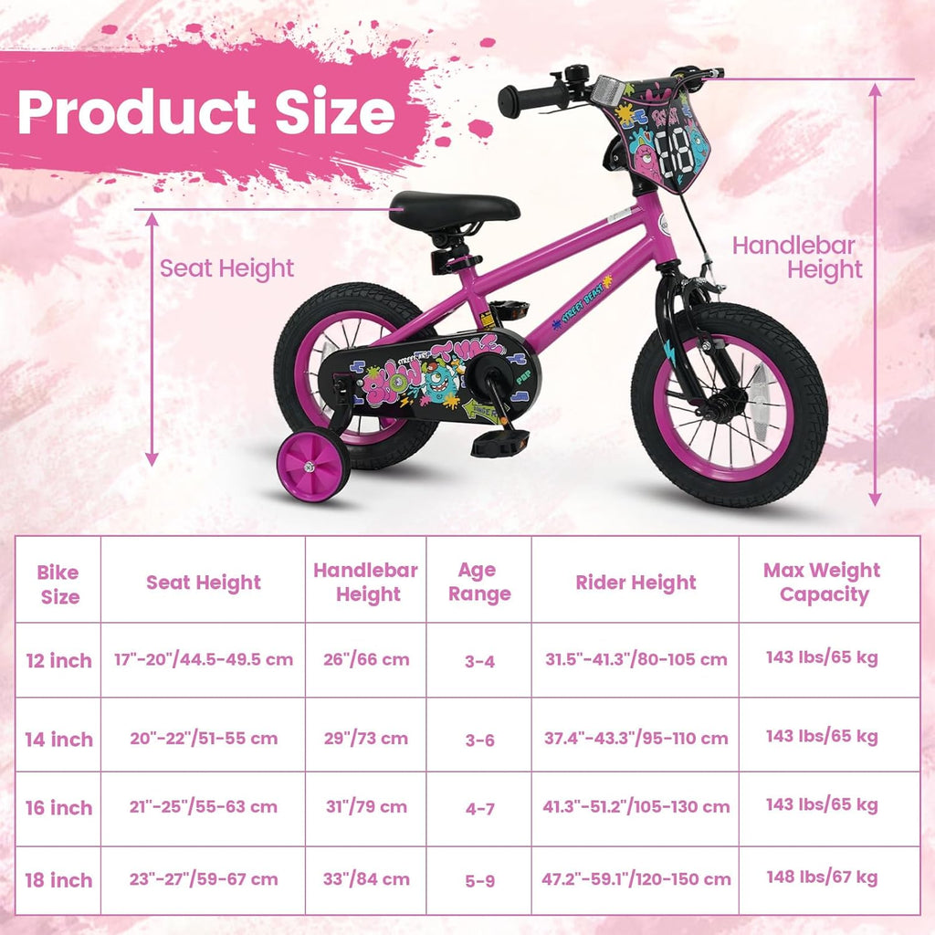 Olakids Kids Bike, 12 14 16 18 Inch BMX Style Toddlers Bike with DIY Drawing Board Training Wheels Adjustable Seat Coaster Brake Handbrake Safety Bell for Boys Girls