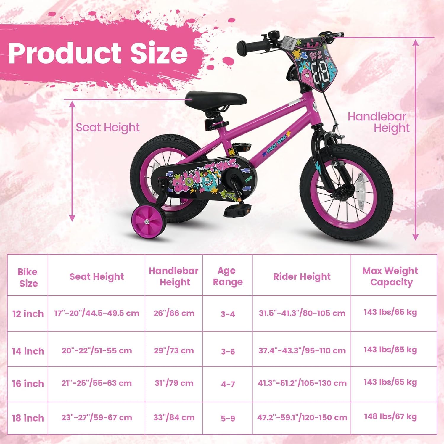 Olakids Kids Bike, 12 14 16 18 Inch BMX Style Toddlers Bike with DIY Drawing Board Training Wheels Adjustable Seat Coaster Brake Handbrake Safety Bell for Boys Girls