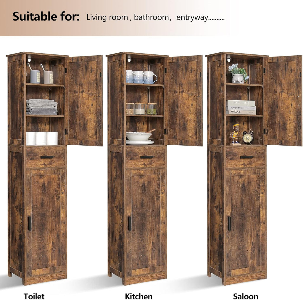 usikey 67'' Tall Storage Cabinet with Adjustable Shelves & 2 Doors, Bathroom Cabinet with 1 Drawer, Narrow Tall Cabinets for Living Room, Home Office, Rustic Brown UNSNG040F