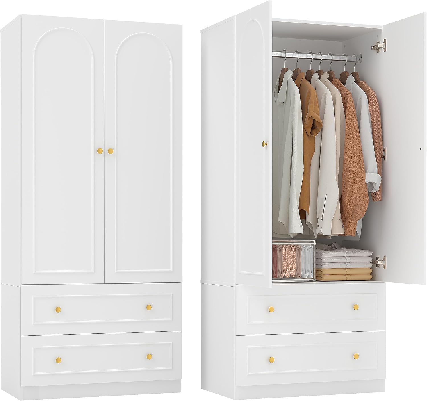 GOODONE Wooden Armoire Wardrobe Closet - 71" Tall Bedroom Armoires with 2 Doors and 2 Drawers, Modern Wardrobe Cabinet with Removable Hanging Rod, White