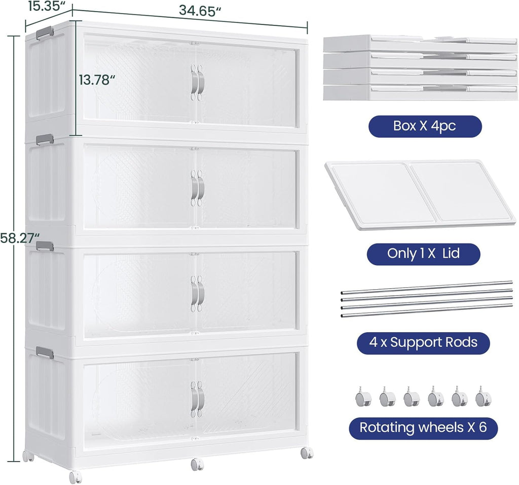 960QT Extra Large Stackable Storage Bins with Lid, 240Gal Plastic Closet Organizers and Storage Drawer, Collapsible Cabinet Box with Wheels Clear Doors for Home Kitchen Office, 4Pack White