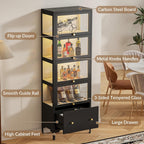 Display Cabinet with Glass Doors, 67" Metal Curio Cabinet with Drawer & 13-Color RGB LED Lights, 5-Tier Glass Display Case for Collectibles, Figure, Toys, Books, Black