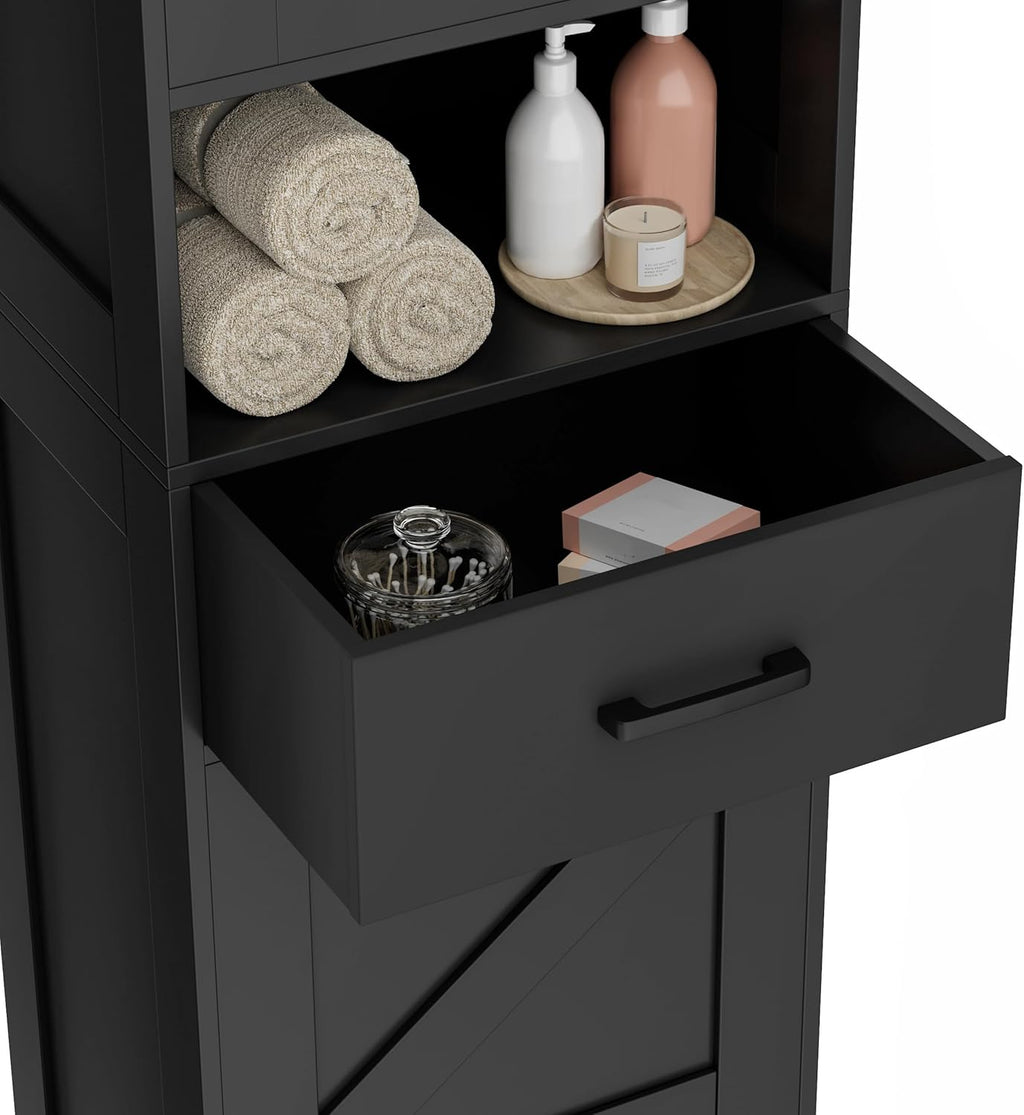 Homhedy 67" H Tall Bathroom Storage Cabinet with 2 Barn Doors and 1 Drawer, Narrow Storage Unit, Adjustable Shelves, Floor Cabinet for Bathroom, Living Room, Entryway, Kitchen, Black, (15.7" W)