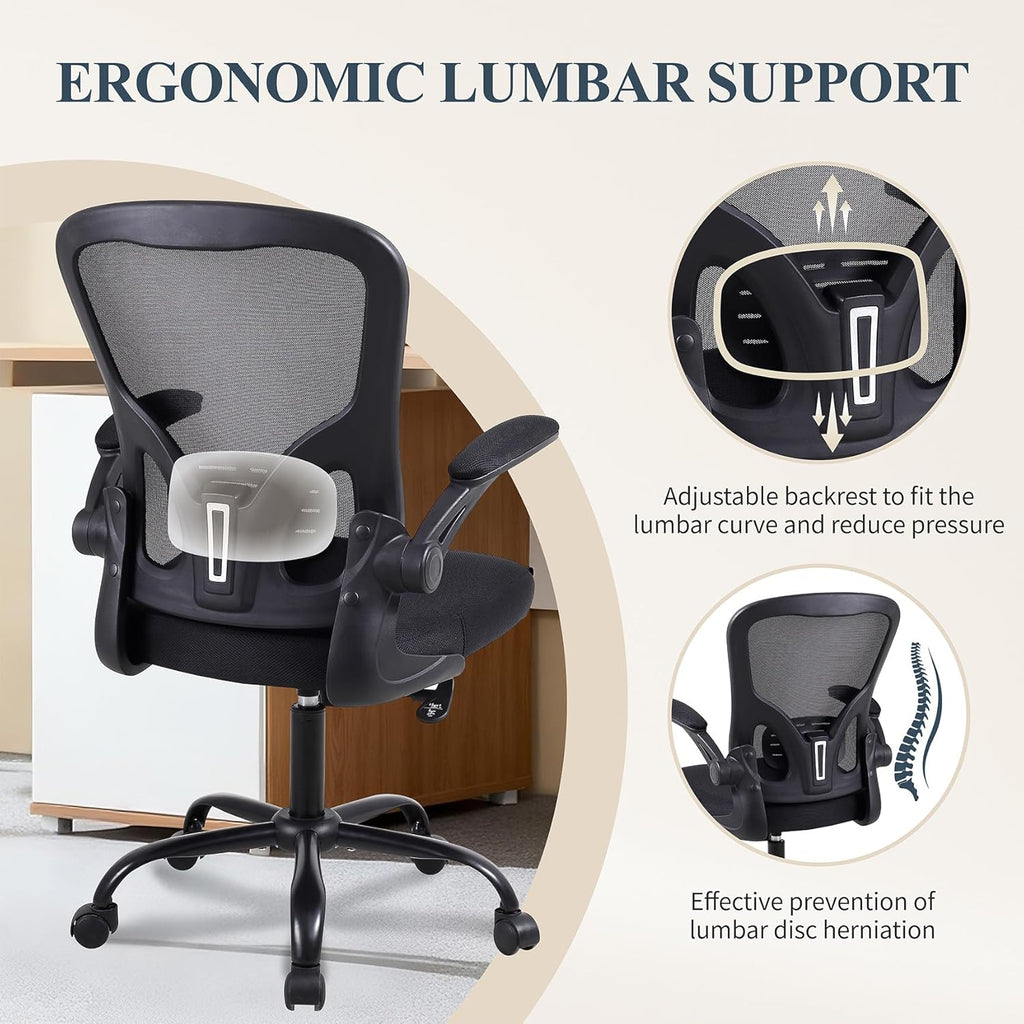 Flysky Ergonomic Home Office Desk Chair Set of 8 - Lumbar Back Support, Breathable Mesh Swivel Computer Task Chair with Wheels and Flip-up Arms, Height Adjustable, Black
