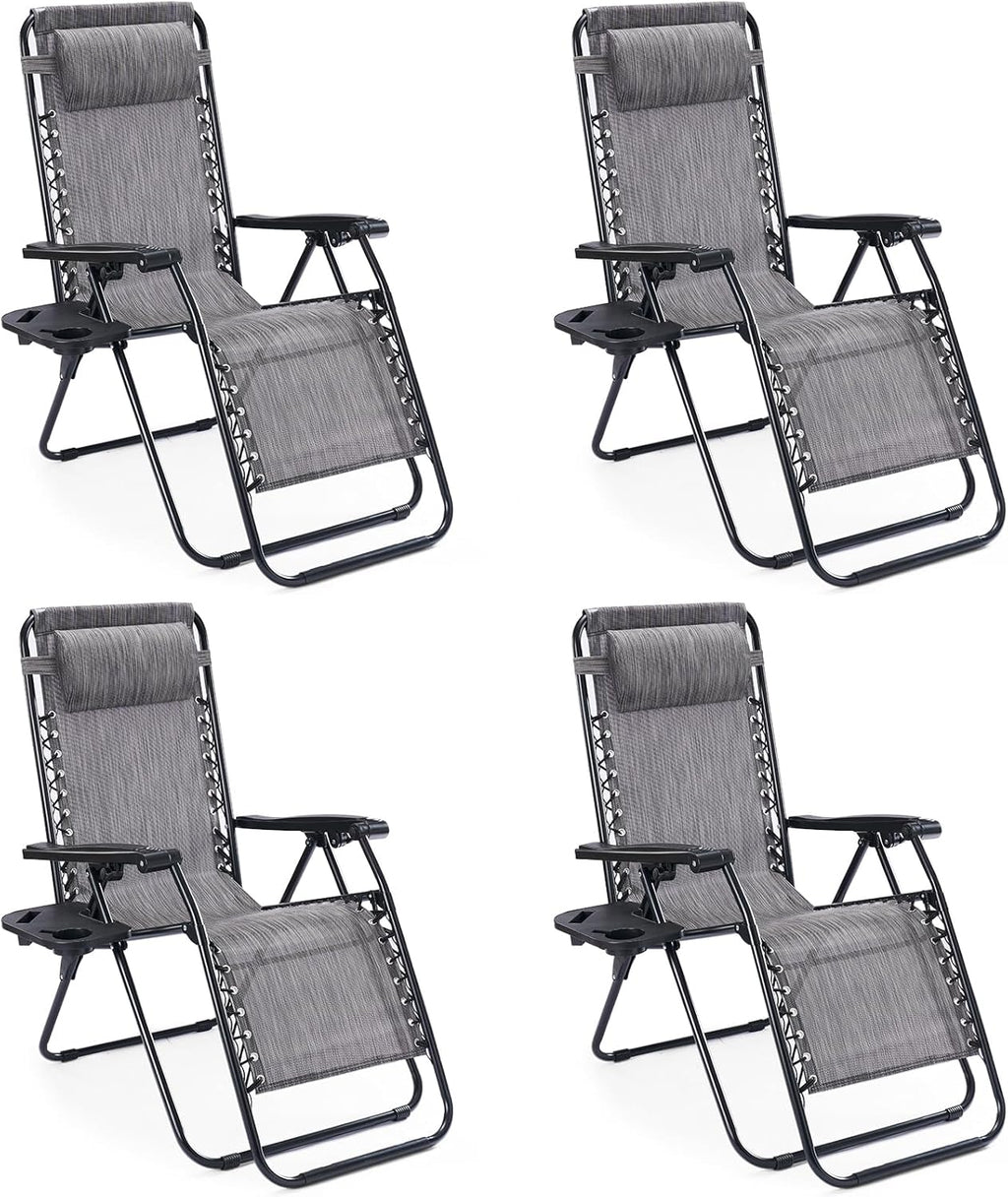 Sweetcrispy Zero Gravity Chairs, Set of 4 Portable Recliner Beach Camping Patio Outdoor Folding Lounge Chair with Cup Holder Trays and Adjustable Pillow for Poolside, Garden, Backyard, Lawn (Grey)
