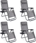 Sweetcrispy Zero Gravity Chairs, Set of 4 Portable Recliner Beach Camping Patio Outdoor Folding Lounge Chair with Cup Holder Trays and Adjustable Pillow for Poolside, Garden, Backyard, Lawn (Grey)